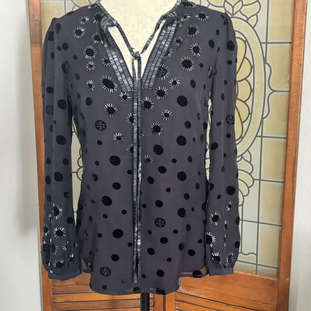 Tory Burch Angela Silk Velvet Dot Beaded Dark Navy Tunic Blouse Top Size 4